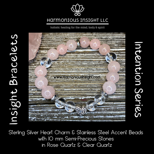 Insight Bracelet - Sterling Silver Heart Charm with Rose Quartz and Clear Quartz