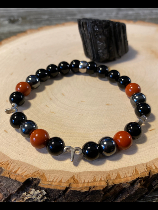 Zodiac Insight Bracelet - Sterling Silver Aries Charms with Red Jasper, Hematite, and Black Jasper