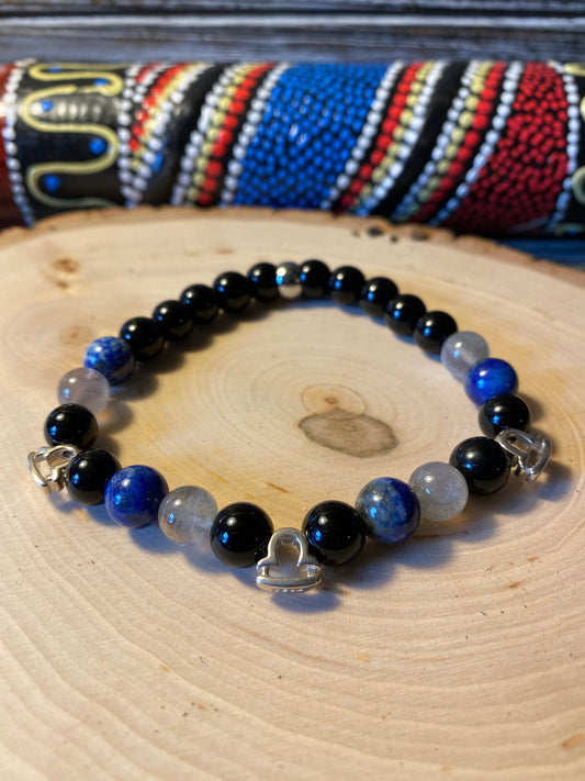 Zodiac Insight Bracelet - Sterling Silver Libra Charms with Labradorite, Lapis Lazuli, and Black Jasper