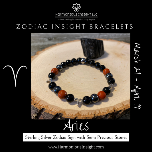 Zodiac Insight Bracelet - Sterling Silver Aries Charms with  Red Jasper, Hematite, and Black Jasper