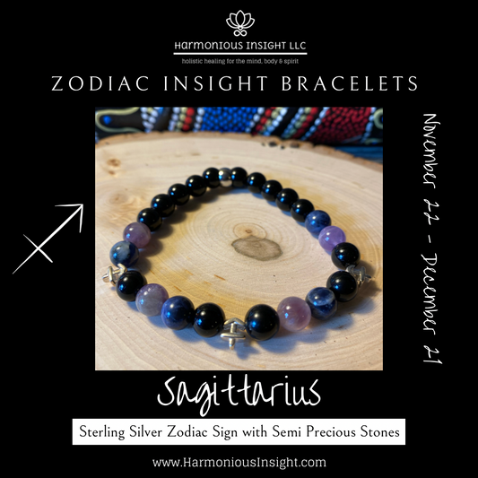 Zodiac Insight Bracelet - Sterling Silver Sagittarius Charms with Sodalite, Amethyst, and Black Jasper