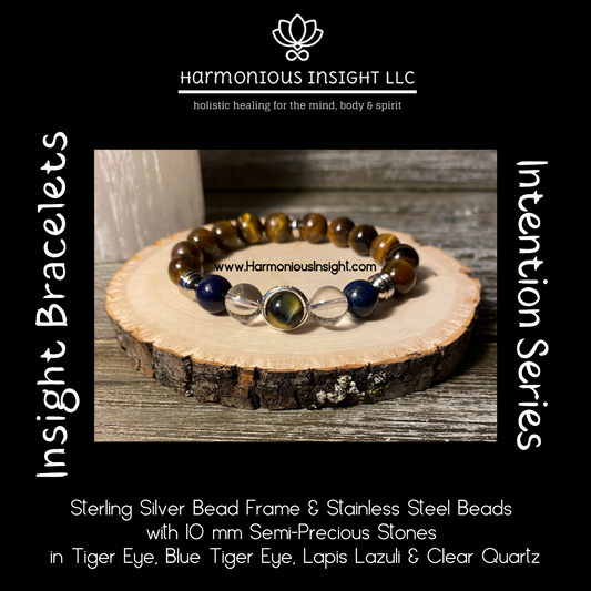 Insight Bracelet - Sterling Silver Bead Frame with Tiger Eye, Blue Tiger Eye, Lapis Lazuli & Clear Quartz