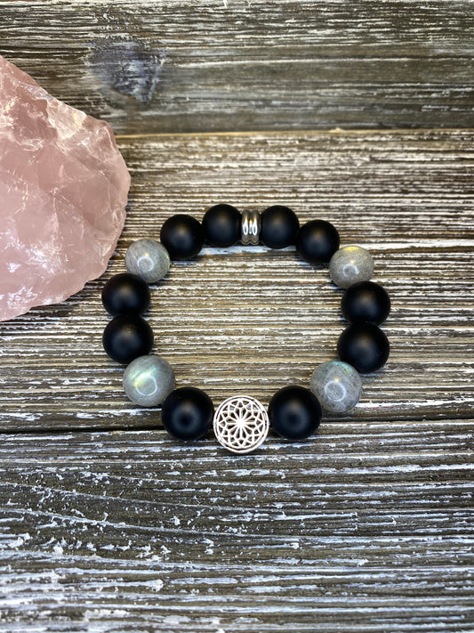 Insight Bracelet - Sterling Silver Flower of Life Charm with Matte Onyx and Labradorite
