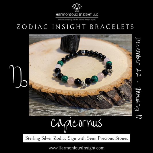 Zodiac Insight Bracelet - Sterling Silver Capricornus Charms with Rose Quartz, Malachite, and Black Jasper