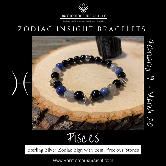 Zodiac Insight Bracelet - Sterling Silver Pisces Charms with  Sodalite, Labradorite, and Black Jasper