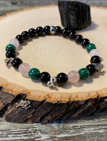 Zodiac Insight Bracelet - Sterling Silver Capricornus Charms with Rose Quartz, Malachite, and Black Jasper