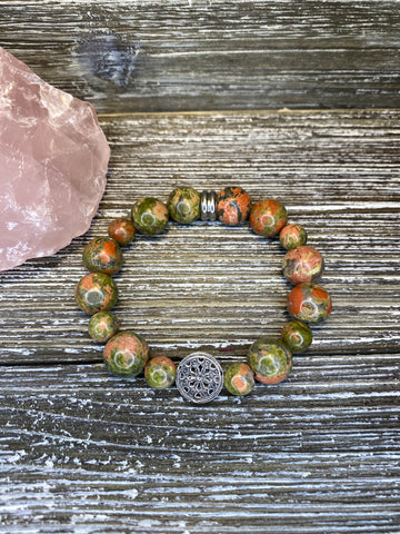 Insight Bracelet - Sterling Silver Flower of Life Charm with Unakite Jasper