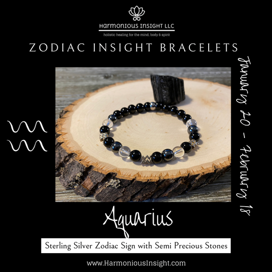 Zodiac Insight Bracelet - Sterling Silver Aquarius Charms with Clear Quartz, Hematite, and Black Jasper