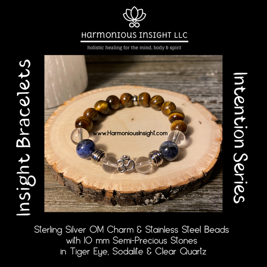 Insight Bracelet - Sterling Silver OM Charm with Tiger Eye, Sodalite and Clear Quartz