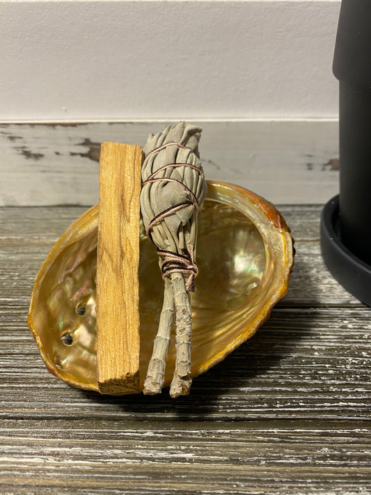 Smudge Set - California White Sage Mini Torch, Palo Santo Stick and Abalone Shell Kit