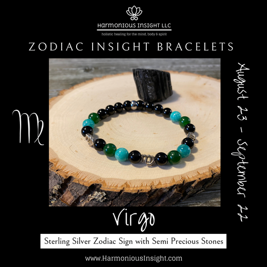 Zodiac Insight Bracelet - Sterling Silver Virgo  Charms with Amazonite, Jade, and Black Jasper