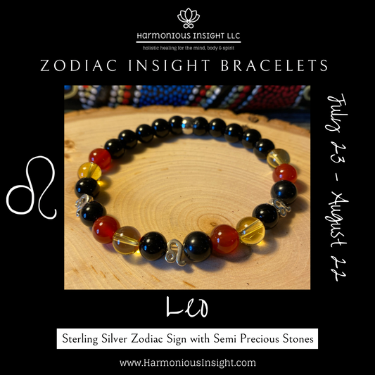 Zodiac Insight Bracelet - Sterling Silver Leo Charms with Citrine, Carnelian, and Black Jasper