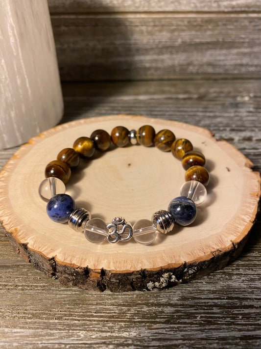 Insight Bracelet - Sterling Silver OM Charm with Tiger Eye, Sodalite and Clear Quartz