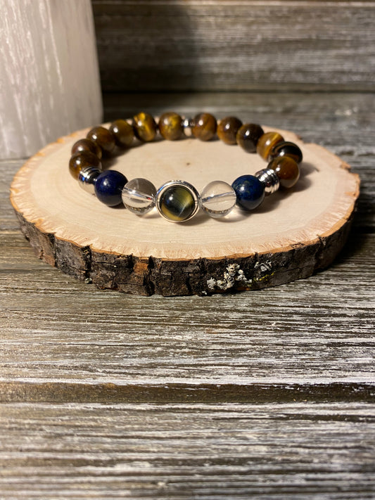 Insight Bracelet - Sterling Silver Bead Frame with Tiger Eye, Blue Tiger Eye, Lapis Lazuli & Clear Quartz