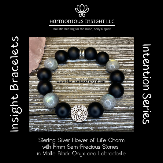Insight Bracelet - Sterling Silver Flower of Life Charm with Matte Onyx and Labradorite