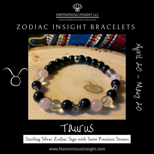 Zodiac Insight Bracelet - Sterling Silver Taurus Charms with Rose Quartz, Clear Quartz, and Black Jasper