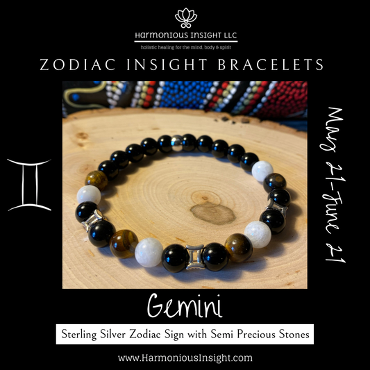 Zodiac Insight Bracelet - Sterling Silver Gemini Charms with Tiger Eye, Moonstone, and Black Jasper