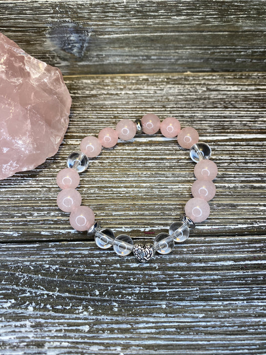 Insight Bracelet - Sterling Silver Heart Charm with Rose Quartz and Clear Quartz