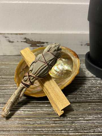 Smudge Set - California White Sage Mini Torch, Palo Santo Stick and Abalone Shell Kit