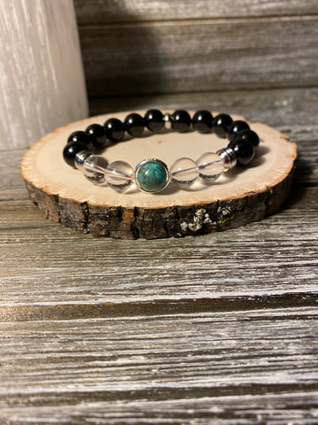 Insight Bracelet - Sterling Silver Bead Frame with Turquoise, Obsidian & Clear Quartz