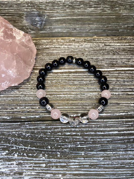 Insight Bracelet - Sterling Silver Heart Charm with Rose Quartz, Clear Quartz, and Obsidian