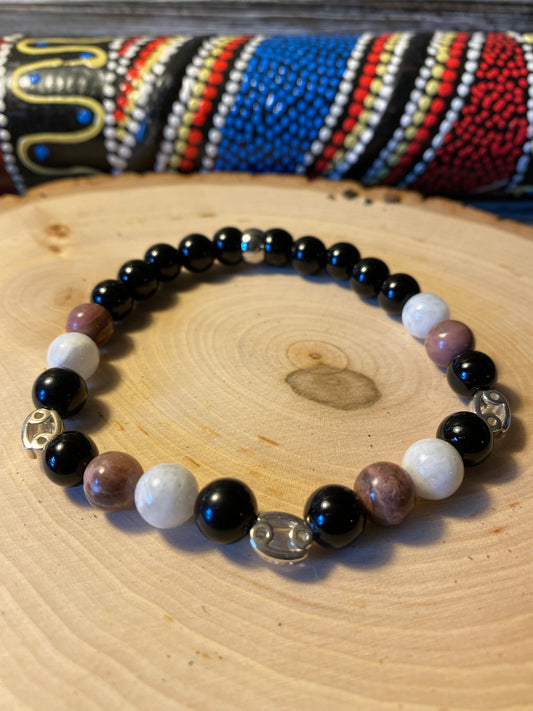 Zodiac Insight Bracelet - Sterling Silver Cancer Charms with Rhodonite, Moonstone, and Black Jasper