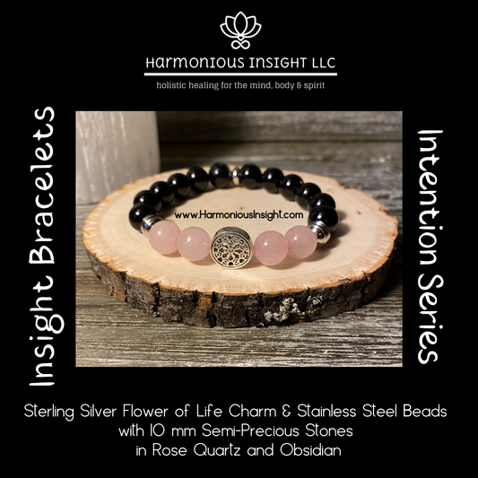 Insight Bracelet - Sterling Silver Flower of Life Charm with Rose Quartz and Obsidian