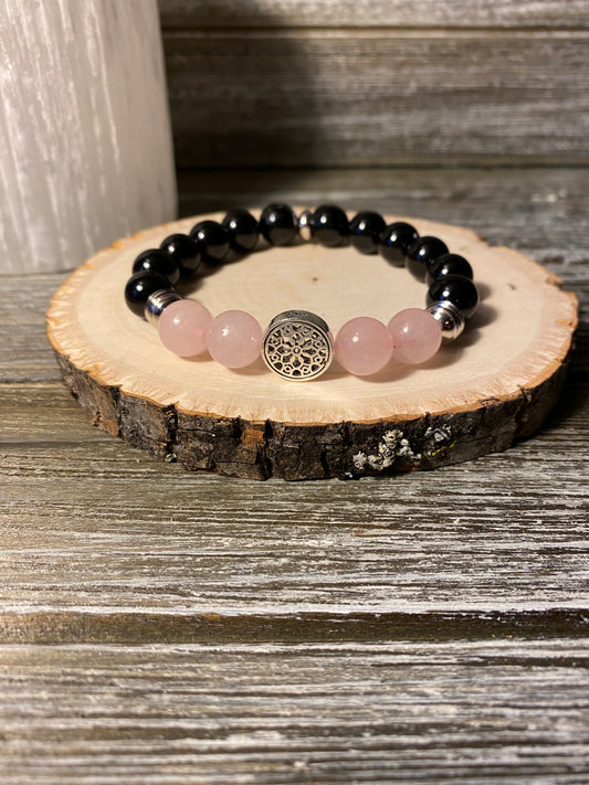 Insight Bracelet - Sterling Silver Flower of Life Charm with Rose Quartz and Obsidian