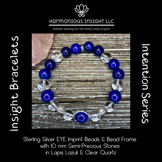 Insight Bracelet - Sterling Silver Eye Imprint Beads and Bead Frames with Lapis Lazuli and Clear Quartz