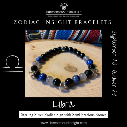 Zodiac Insight Bracelet - Sterling Silver Libra Charms with Labradorite, Lapis Lazuli, and Black Jasper