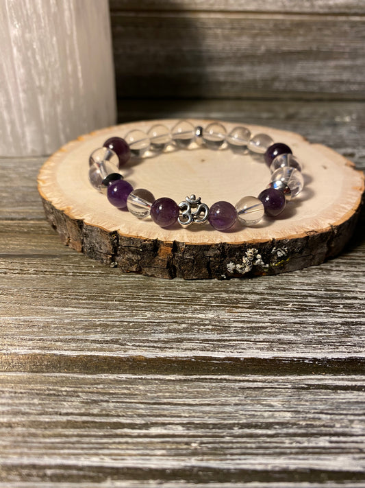 Insight Bracelet - Sterling Silver OM Charm with Amethyst and Clear Quartz